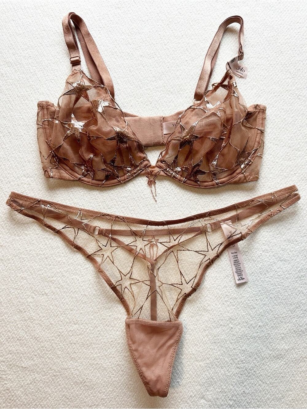Victoria's Secret Very Sexy Stardust Embroidery Rose Gold Unlined Demi/panty 34D